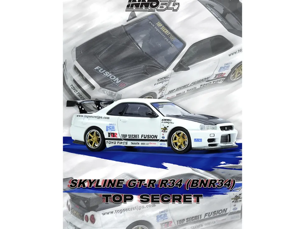 Nissan Skyline GT-R (R34) "Top Secret" RHD (Right Hand Drive) White with Carbon Hood 1/64 Diecast Model Car by Inno Models