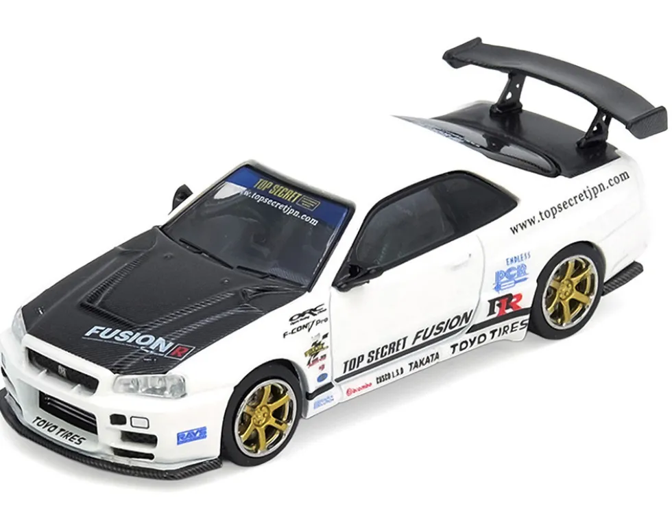 Nissan Skyline GT-R (R34) "Top Secret" RHD (Right Hand Drive) White with Carbon Hood 1/64 Diecast Model Car by Inno Models