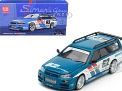 Nissan Stagea RHD (Right Hand Drive) #62 "Simon's Garage" Blue with White Sides 1/64 Diecast Model Car by Pop Race