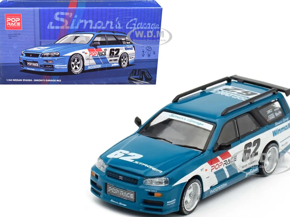 Nissan Stagea RHD (Right Hand Drive) #62 "Simon's Garage" Blue with White Sides 1/64 Diecast Model Car by Pop Race
