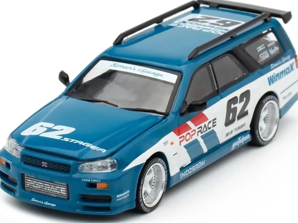 Nissan Stagea RHD (Right Hand Drive) #62 "Simon's Garage" Blue with White Sides 1/64 Diecast Model Car by Pop Race