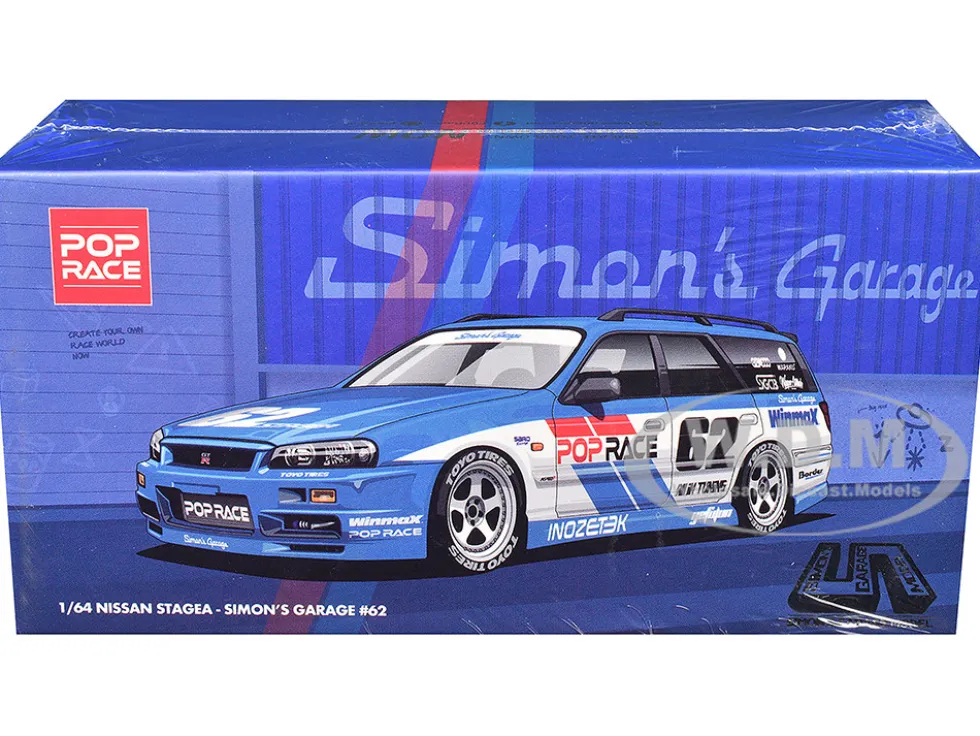 Nissan Stagea RHD (Right Hand Drive) #62 "Simon's Garage" Blue with White Sides 1/64 Diecast Model Car by Pop Race