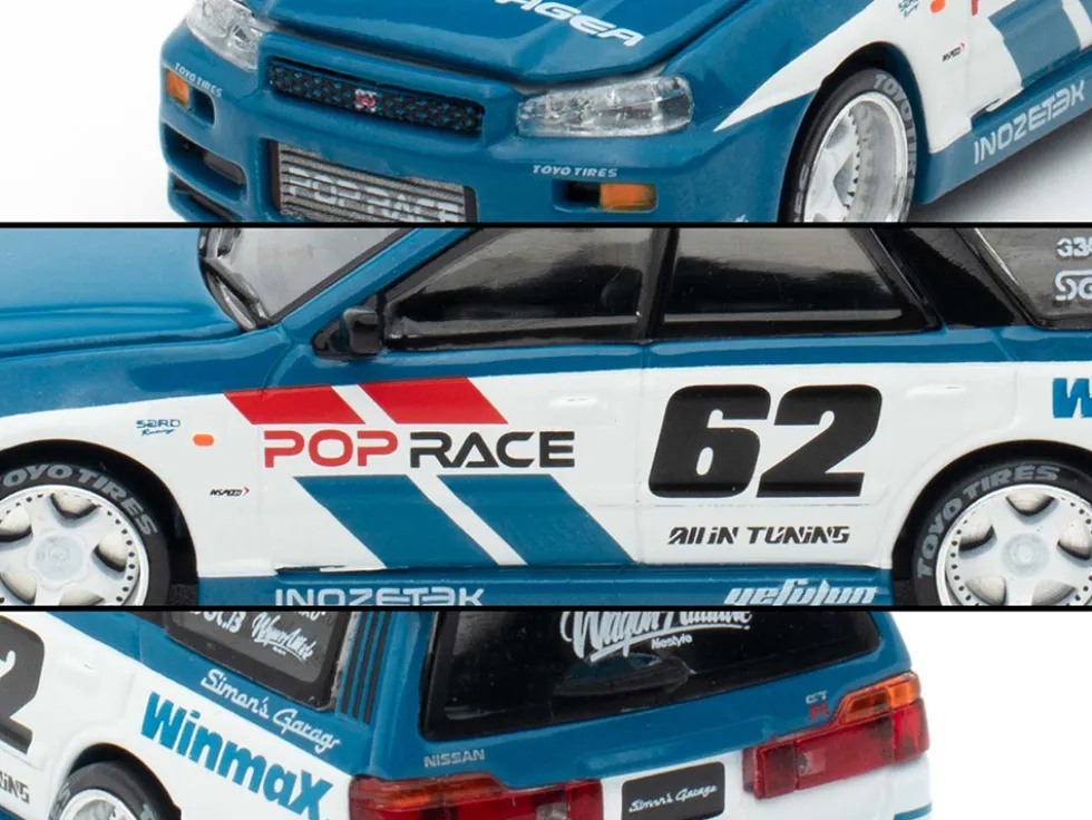 Nissan Stagea RHD (Right Hand Drive) #62 "Simon's Garage" Blue with White Sides 1/64 Diecast Model Car by Pop Race