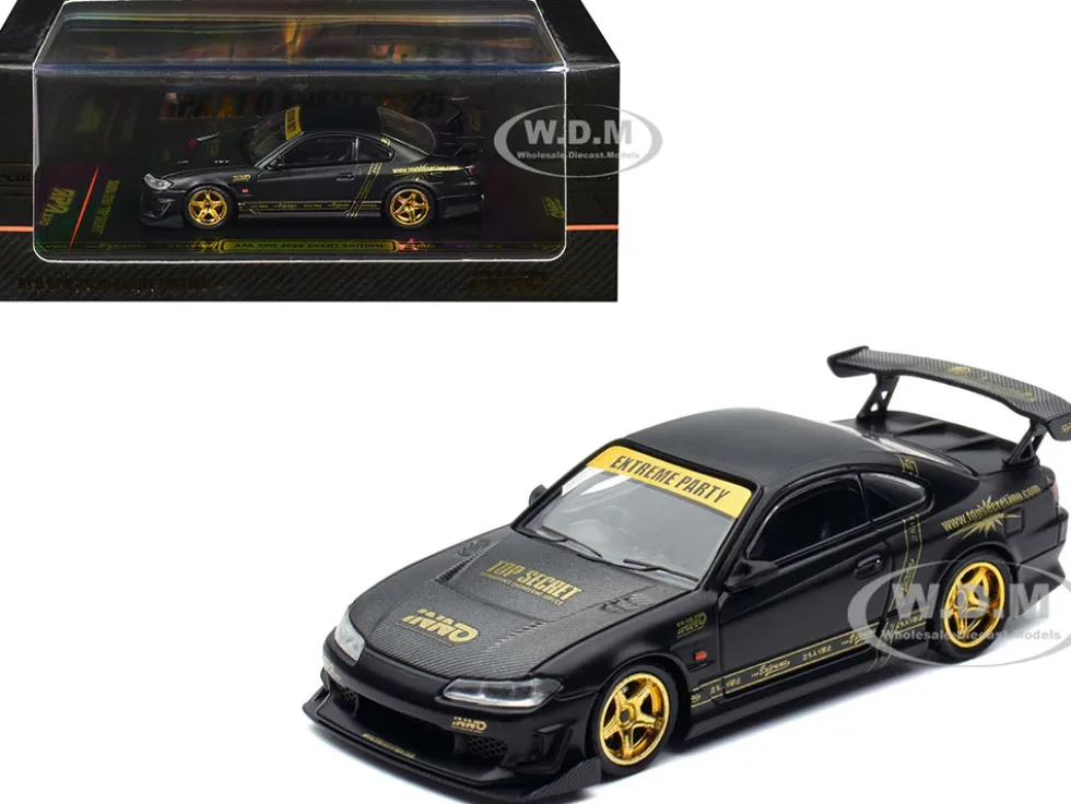 Nissan "Top Secret" Silvia (S15) RHD (Right Hand Drive) Matt Black with Carbon Hood "APA XPO 2025 Event Edition VIP Ticket Bundle" 1/64 Diecast Model Car by Inno Models