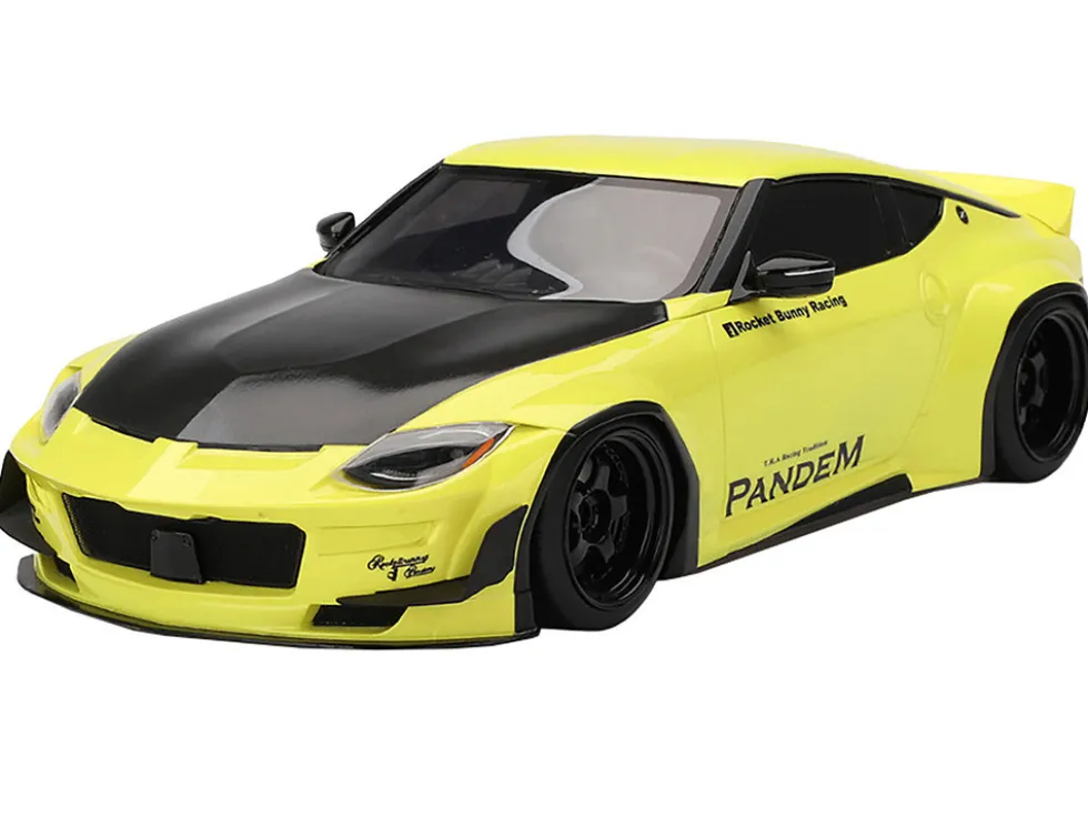 Nissan Z (RZ34) "Pandem" Ikazuchi Yellow with Matt Black Hood 1/18 Model Car by Top Speed