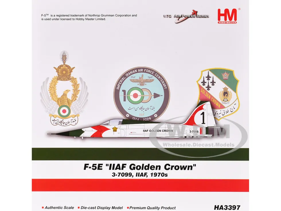 Northrop F-5E Tiger II Aircraft "#1, 3-7099, IIAF Golden Crown" Imperial Iranian Air Force "Air Power Series" 1/72 Diecast Model by Hobby Master