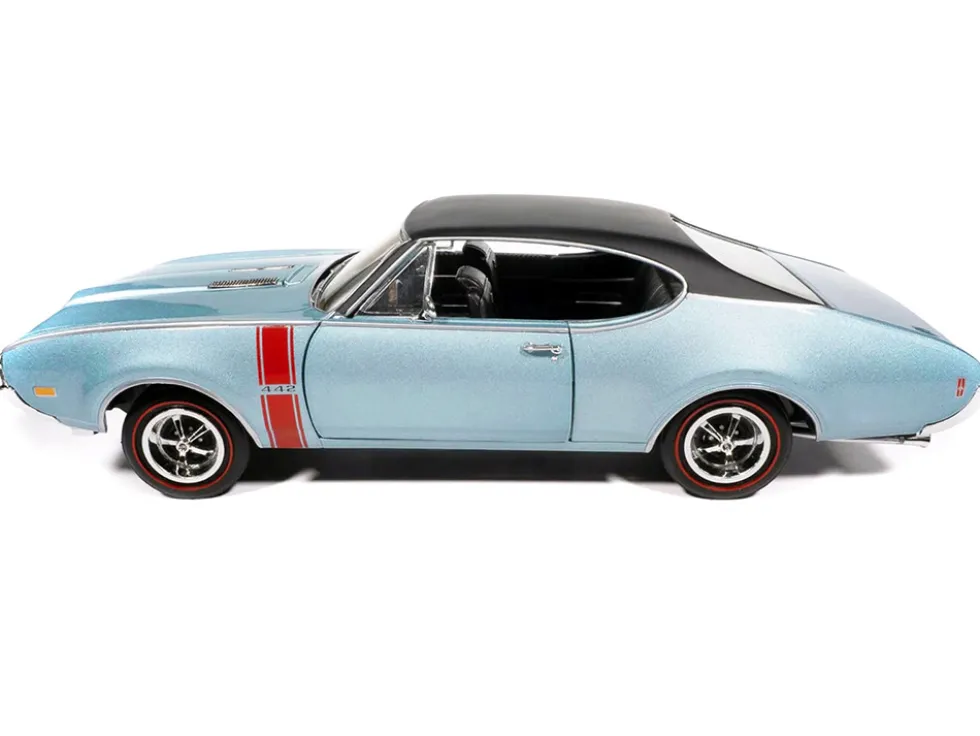 1968 Oldsmobile 442 W30 Holiday Coupe Teal Frost Metallic with Red Stripes and Black Vinyl Top "Hemmings Motor News July 2023 Cover Car" "American Muscle" Series 1/18 Diecast Model Car by Auto World