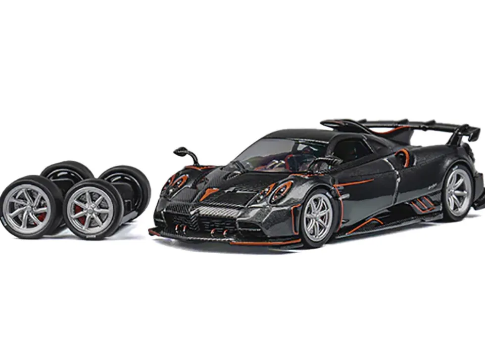 Pagani Imola Dark Gray Metallic with Carbon and Orange Accents with Extra Wheels 1/64 Diecast Model Car by CM Model