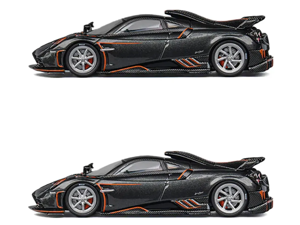 Pagani Imola Dark Gray Metallic with Carbon and Orange Accents with Extra Wheels 1/64 Diecast Model Car by CM Model