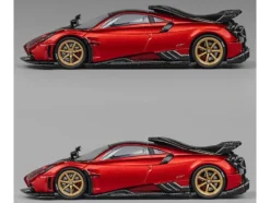 Pagani Imola Red Metallic with Carbon Top and Stripes with Extra Wheels 1/64 Diecast Model Car by CM Model