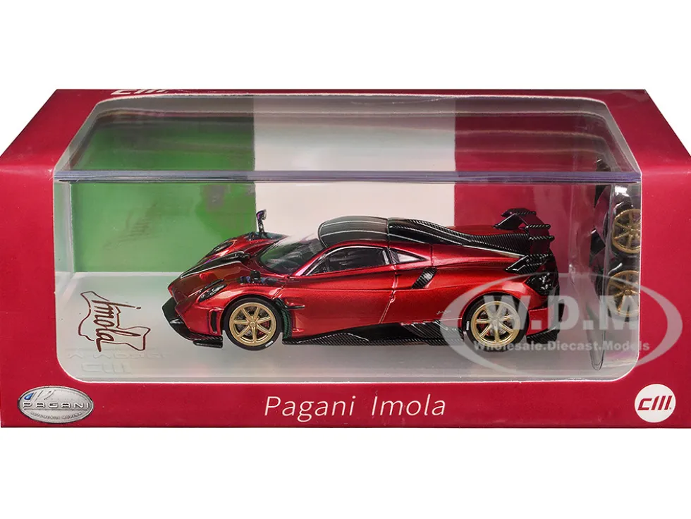 Pagani Imola Red Metallic with Carbon Top and Stripes with Extra Wheels 1/64 Diecast Model Car by CM Model