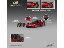Pagani Imola Red Metallic with Carbon Top and Stripes with Extra Wheels 1/64 Diecast Model Car by CM Model