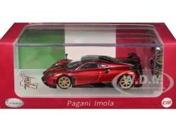 Pagani Imola Red Metallic with Carbon Top and Stripes with Extra Wheels 1/64 Diecast Model Car by CM Model