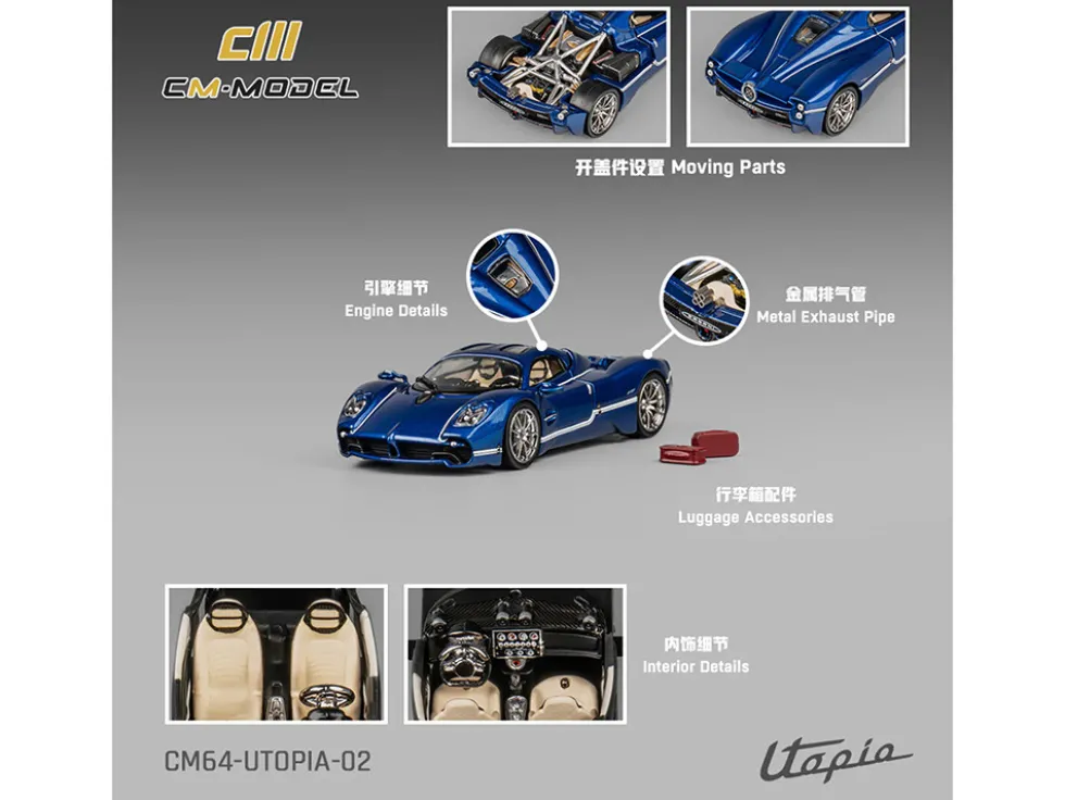 Pagani Utopia Blue Metallic with White Stripes 1/64 Diecast Model Car by CM Model