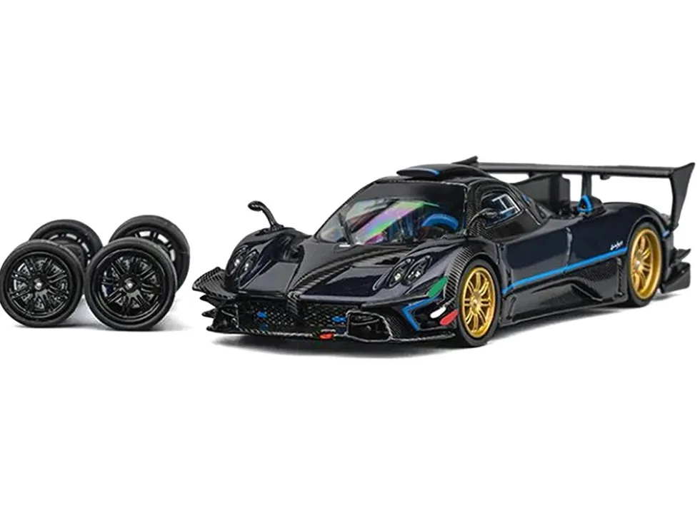 Pagani Zonda Revolucion Dark Blue Metallic and Carbon with Extra Wheels 1/64 Diecast Model Car by CM Model