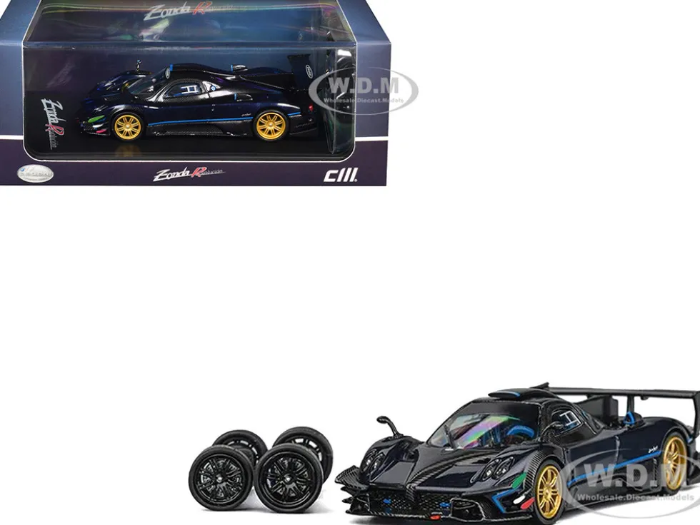 Pagani Zonda Revolucion Dark Blue Metallic and Carbon with Extra Wheels 1/64 Diecast Model Car by CM Model