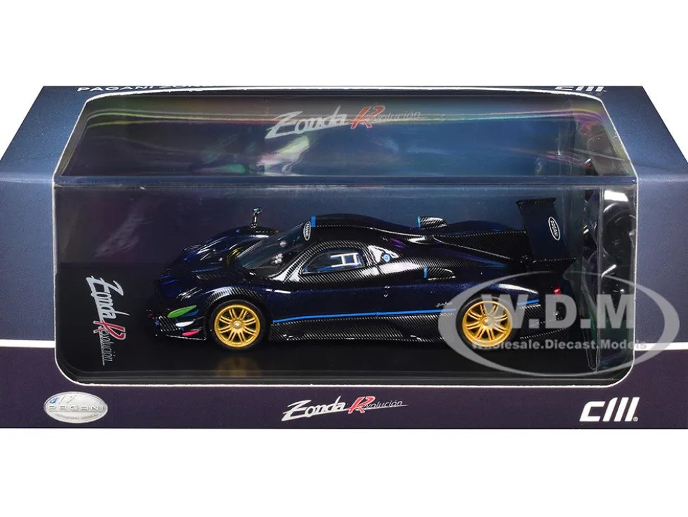 Pagani Zonda Revolucion Dark Blue Metallic and Carbon with Extra Wheels 1/64 Diecast Model Car by CM Model
