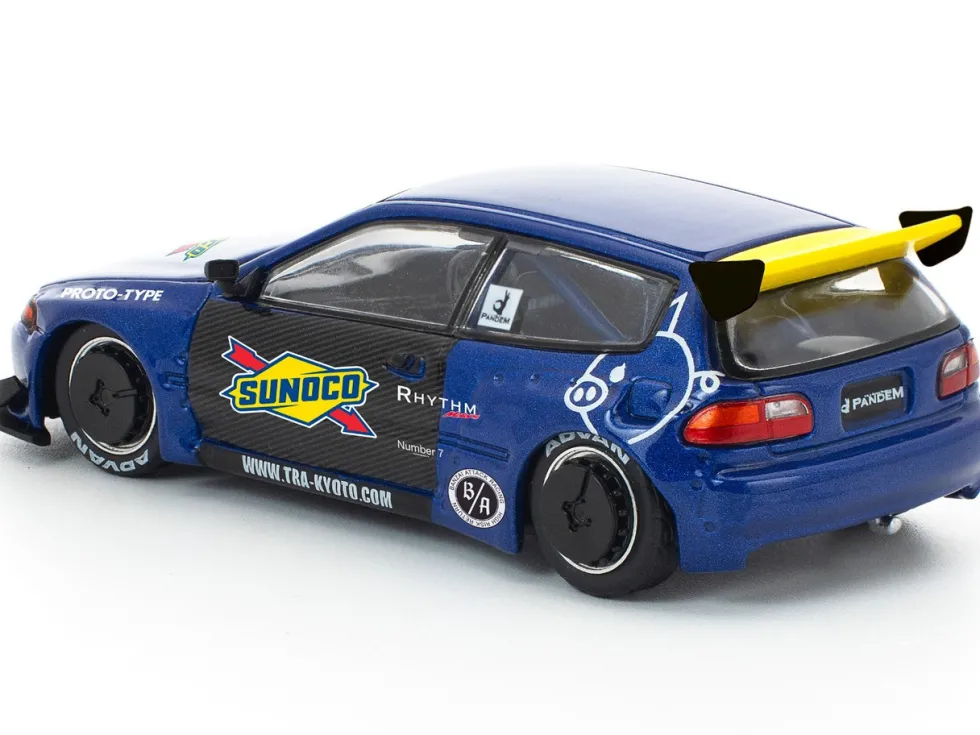 Pandem Civic EG6 RHD (Right Hand Drive) "Sunoco" Blue Metallic with Yellow Accents 1/64 Diecast Model Car by Pop Race