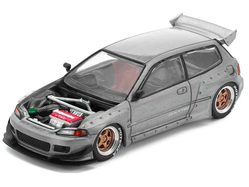 Pandem Civic EG6 RHD (Right Hand Drive) Raw Metal with No Hood 1/64 Diecast Model Car by Pop Race