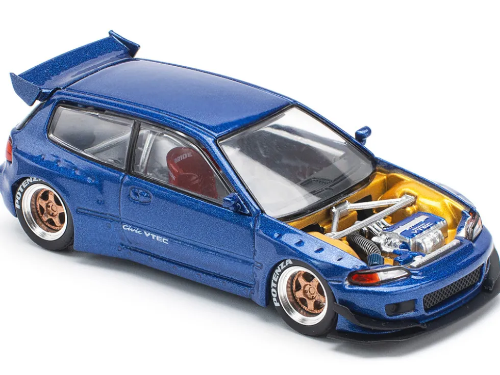 Pandem Civic EG6 VTEC RHD (Right Hand Drive) Blue Metallic with No Hood 1/64 Diecast Model Car by Pop Race