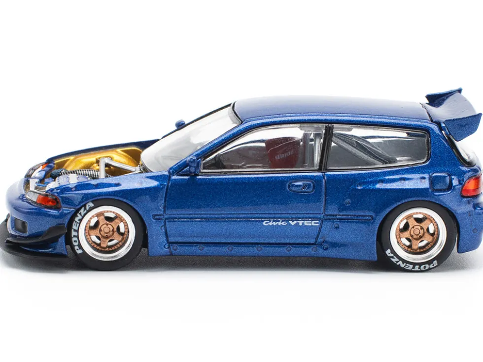 Pandem Civic EG6 VTEC RHD (Right Hand Drive) Blue Metallic with No Hood 1/64 Diecast Model Car by Pop Race