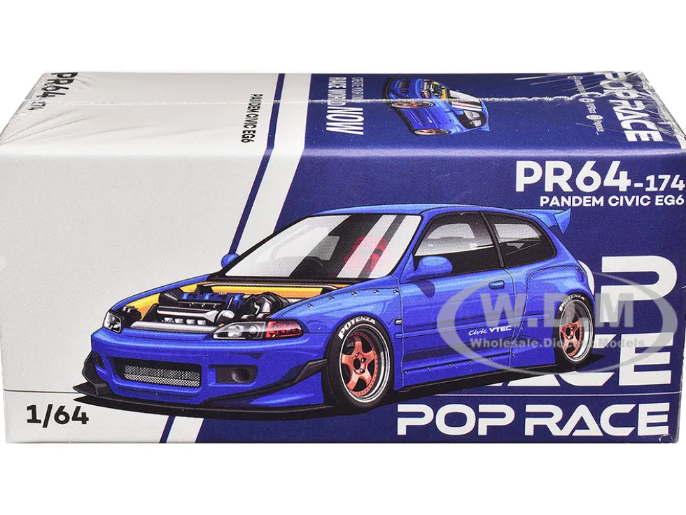 Pandem Civic EG6 VTEC RHD (Right Hand Drive) Blue Metallic with No Hood 1/64 Diecast Model Car by Pop Race