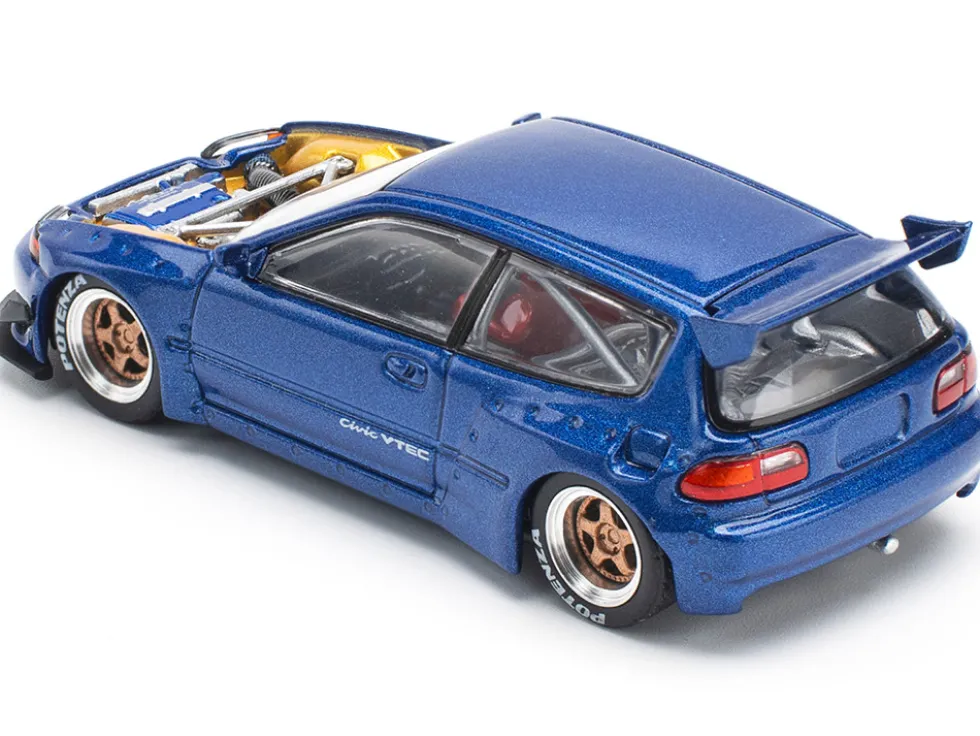 Pandem Civic EG6 VTEC RHD (Right Hand Drive) Blue Metallic with No Hood 1/64 Diecast Model Car by Pop Race