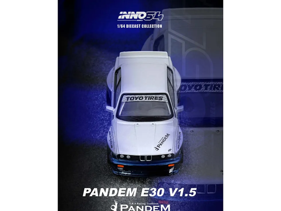Pandem E30 M3 Silver Metallic and Dark Blue 1/64 Diecast Model Car by Inno Models