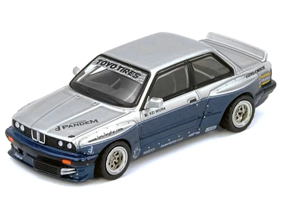 Pandem E30 M3 Silver Metallic and Dark Blue 1/64 Diecast Model Car by Inno Models