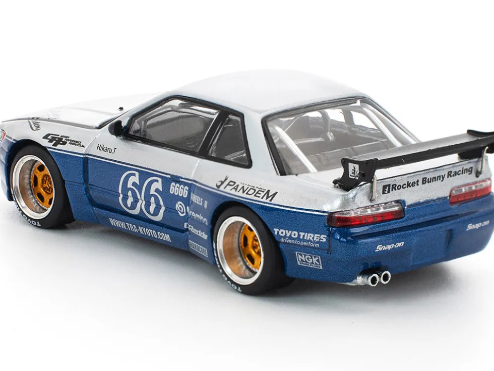 Pandem S13 RHD (Right Hand Drive) Silver and Moontech Blue Metallic with Graphics 1/64 Diecast Model Car by Pop Race