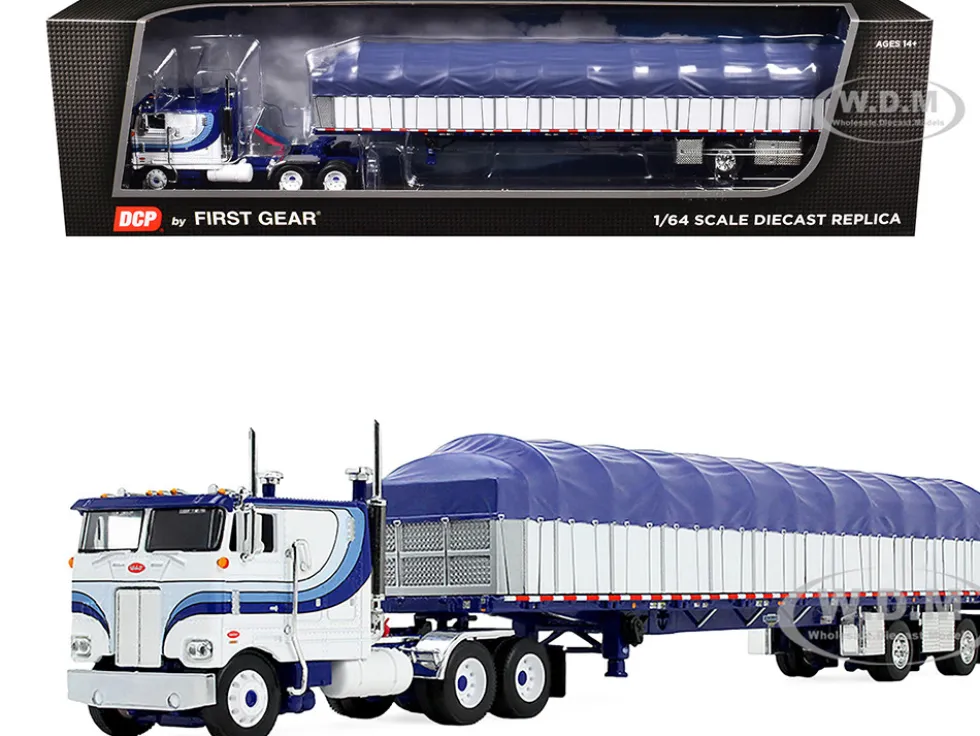Peterbilt 352 COE 110" Sleeper and 53’ Wilson Roadbrute Flatbed Trailer with Covered Wagon White with Blue Stripes 1/64 Diecast Model by DCP/First Gear
