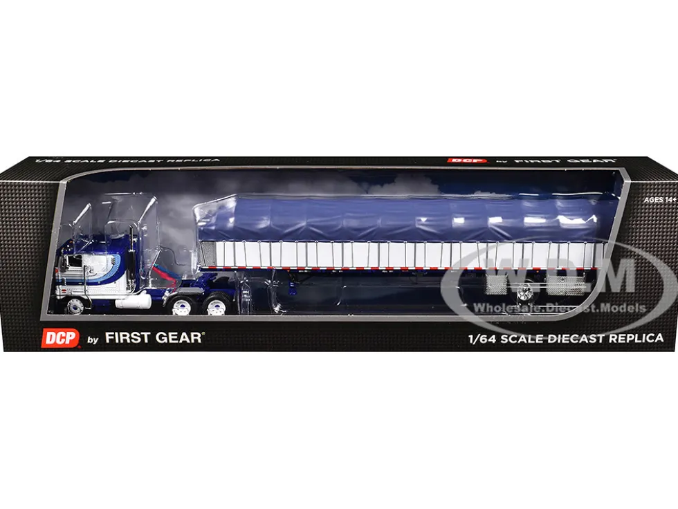 Peterbilt 352 COE 110" Sleeper and 53’ Wilson Roadbrute Flatbed Trailer with Covered Wagon White with Blue Stripes 1/64 Diecast Model by DCP/First Gear