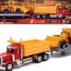 Peterbilt 379 Dump Truck Red and Wheel Loader Yellow with Flatbed Trailer Long Haul Truckers Series 1/32 Diecast Model New Ray SS-10673