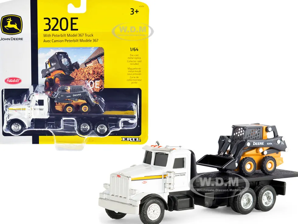 Peterbilt 367 Flatbed Truck White John Deere 320E Skid Steer Loader 1/64 Diecast Models ERTL TOMY 45474