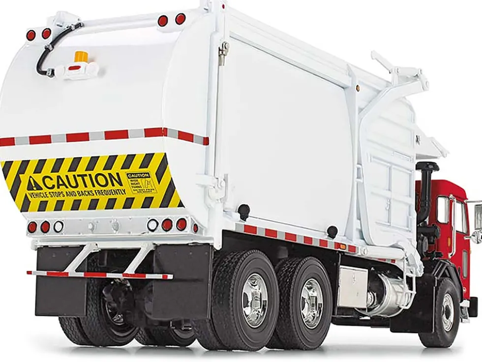 Peterbilt 520 Refuse Garbage Truck with Wittke Front Loader and Trash Bin Red and White 1/34 Diecast Model First Gear FG10-4335