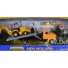 Peterbilt 335 Roll-Off Flatbed Truck and New Holland B110C Backhoe Loader with Street Signs "New Holland Construction" Diecast Models by New Ray