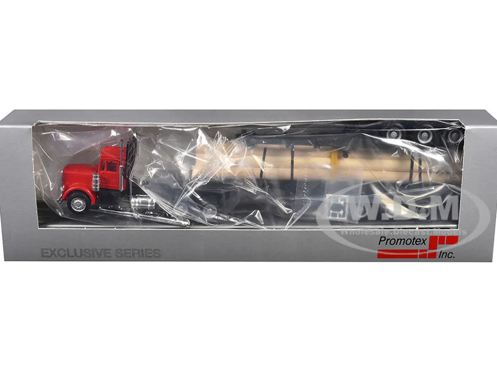 Peterbilt Super B Log Truck and Trailer Red with Log Accessories 1/87 (HO) Plastic Model Car by Promotex