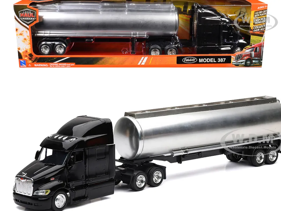 Peterbilt 387 Truck Black with Tanker Trailer Silver "Long Haul Truckers" Series 1/43 Diecast Model by New Ray