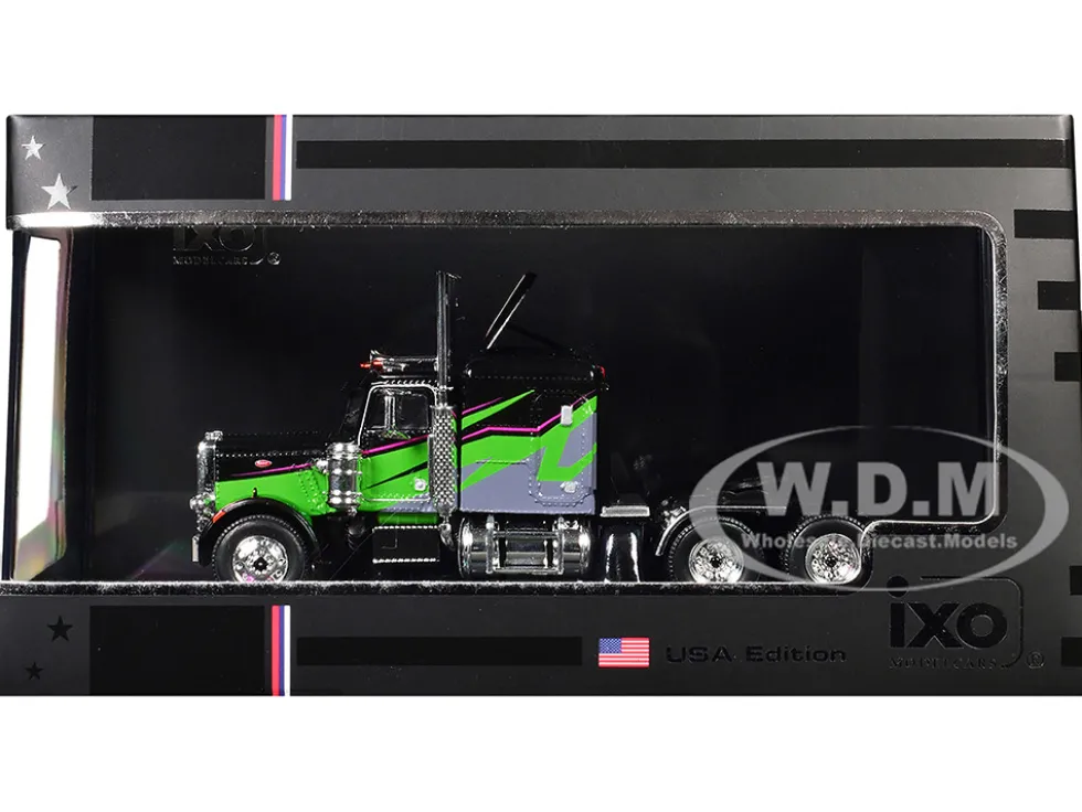 1973 Peterbilt 359 Truck Tractor Black and Lime Green with Graphics 1/64 Diecast Model by IXO Models