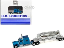 Peterbilt 389 Truck Tractor with Sleeper Cab Blue Metallic and Pneumatic Tank Trailer Chrome Combo Set 1/87 (HO) Plastic Model Car by HO Logistics