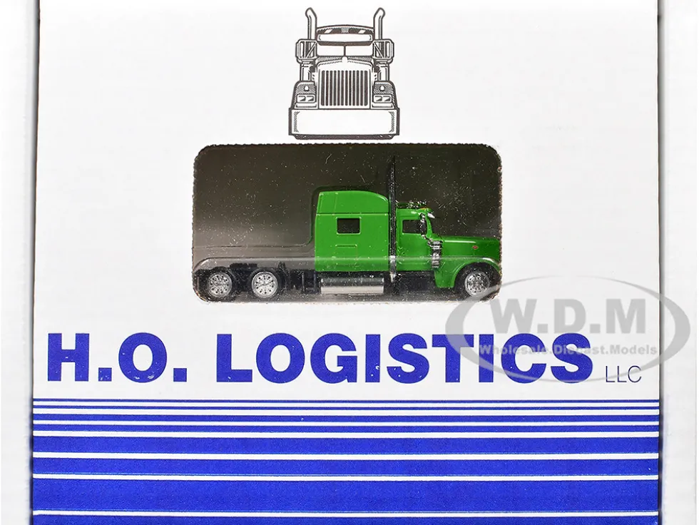 Peterbilt 389 Truck Tractor with Sleeper Cab Lime Green and Low Boy Flatbed Trailer Black Combo Set 1/87 (HO) Plastic Model Car by HO Logistics
