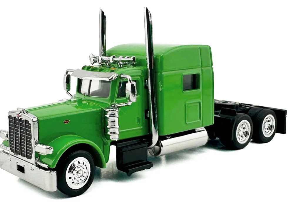 Peterbilt 389 Truck Tractor with Sleeper Cab Lime Green and Low Boy Flatbed Trailer Black Combo Set 1/87 (HO) Plastic Model Car by HO Logistics