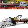 Peterbilt 389 Truck with Flatbed Trailer Silver Metallic with Excavator and Wind Turbine Long Haul Truckers Series 1/32 Diecast Model New Ray SS-10333B