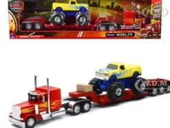 Peterbilt 379 Truck with Lowboy Trailer Red with Orange Flames and Monster Truck Yellow with Blue Flames Long Haul Truckers Series 1/32 Diecast Model New Ray SS-11263A