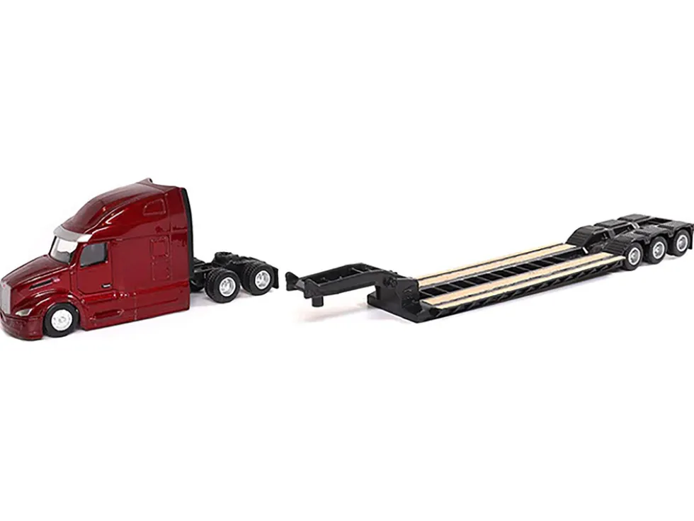Peterbilt 579 UltraLoft Tandem Tractor Red Metallic with Lowboy Trailer and CAT D5M Dozer Yellow 1/87 (HO) Diecast Model Diecast Masters 84419
