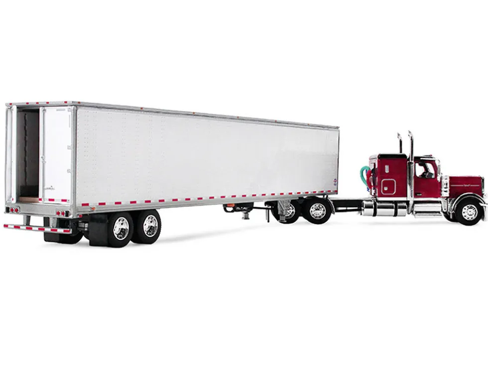 Peterbilt 589 with 58" Flat Top Sleeper and 53' Utility Trailer Legendary Red with Black Top 1/64 Diecast Model by DCP/First Gear