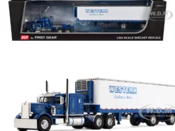 Peterbilt 351 with 63" Flat Top Sleeper and 40' Vintage Trailer with Reefer "Western Distributing" Blue Metallic and White 1/64 Diecast Model by DCP/First Gear
