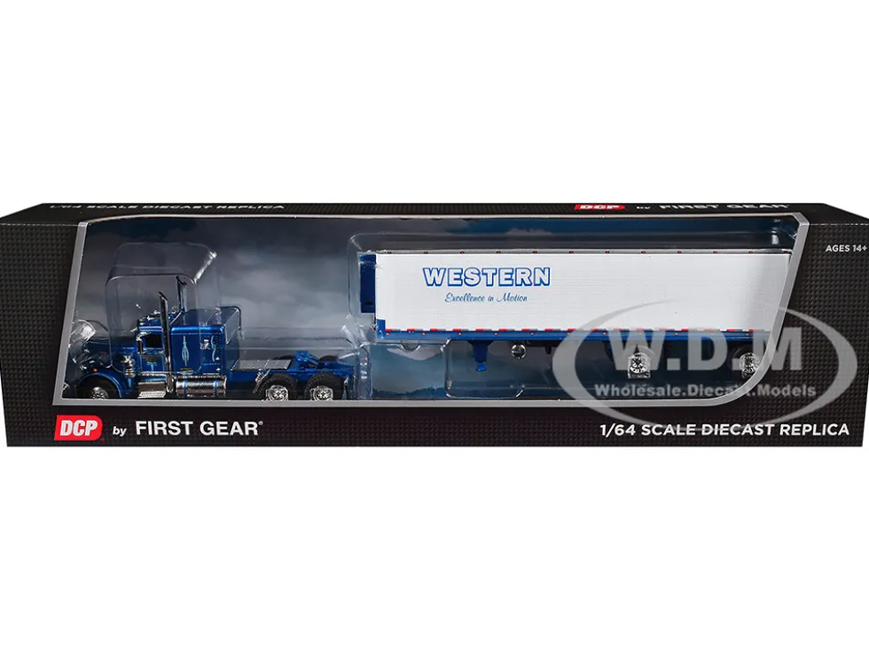 Peterbilt 351 with 63" Flat Top Sleeper and 40' Vintage Trailer with Reefer "Western Distributing" Blue Metallic and White 1/64 Diecast Model by DCP/First Gear