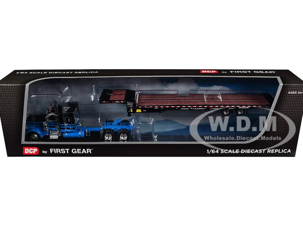 Peterbilt 389 with 48" Flat Top Sleeper and Landoll 440B-50CA Traveling Axle Trailer Black with Blue Stripes 1/64 Diecast Model by DCP/First Gear