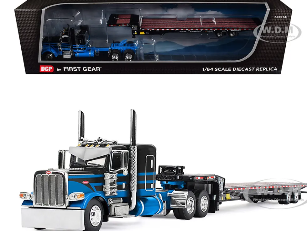 Peterbilt 389 with 48" Flat Top Sleeper and Landoll 440B-50CA Traveling Axle Trailer Black with Blue Stripes 1/64 Diecast Model by DCP/First Gear